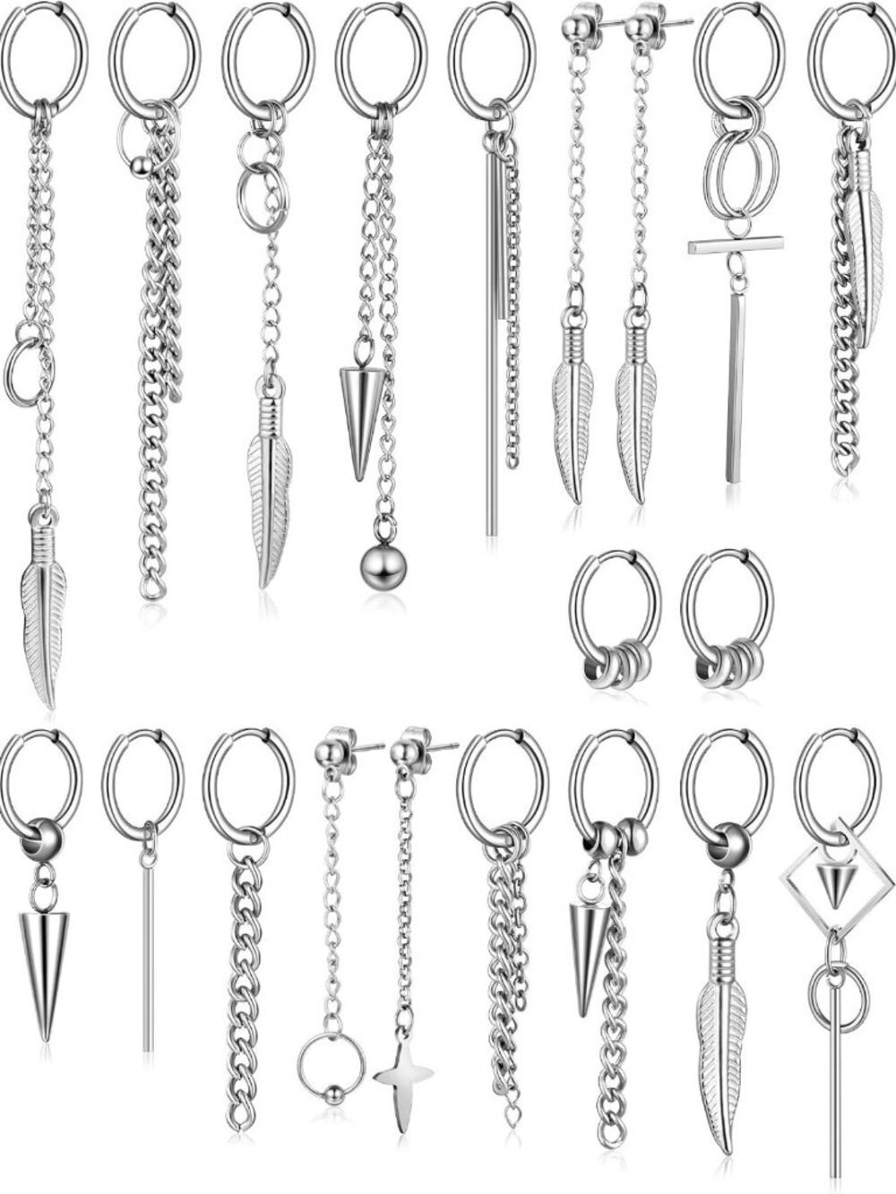 20 Pcs Men's Stainless Steel Dangle Earrings - Huggie Hoop & Drop Styles
